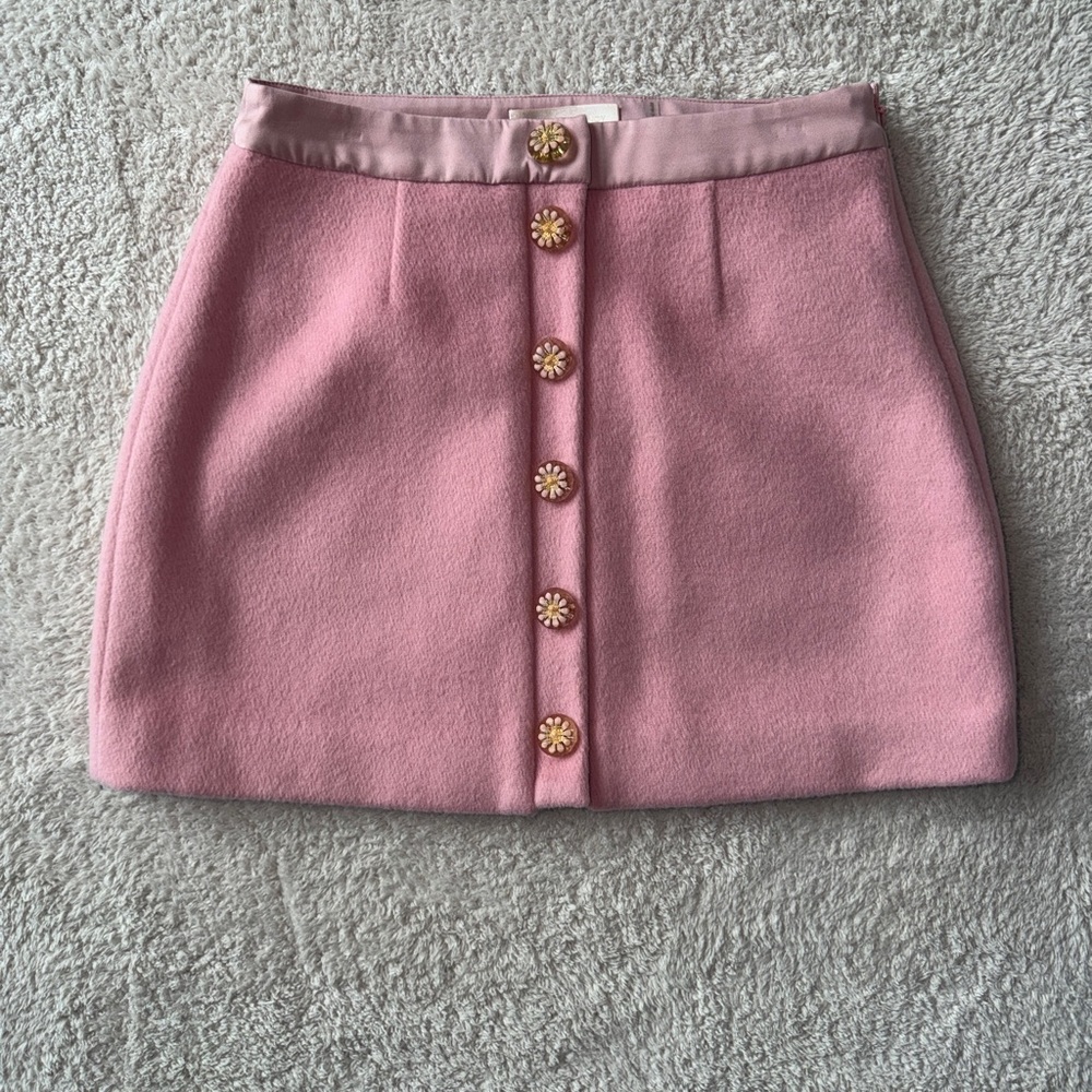 LoveShackFancy Pink Mini Skirt with Gold Flower Buttons